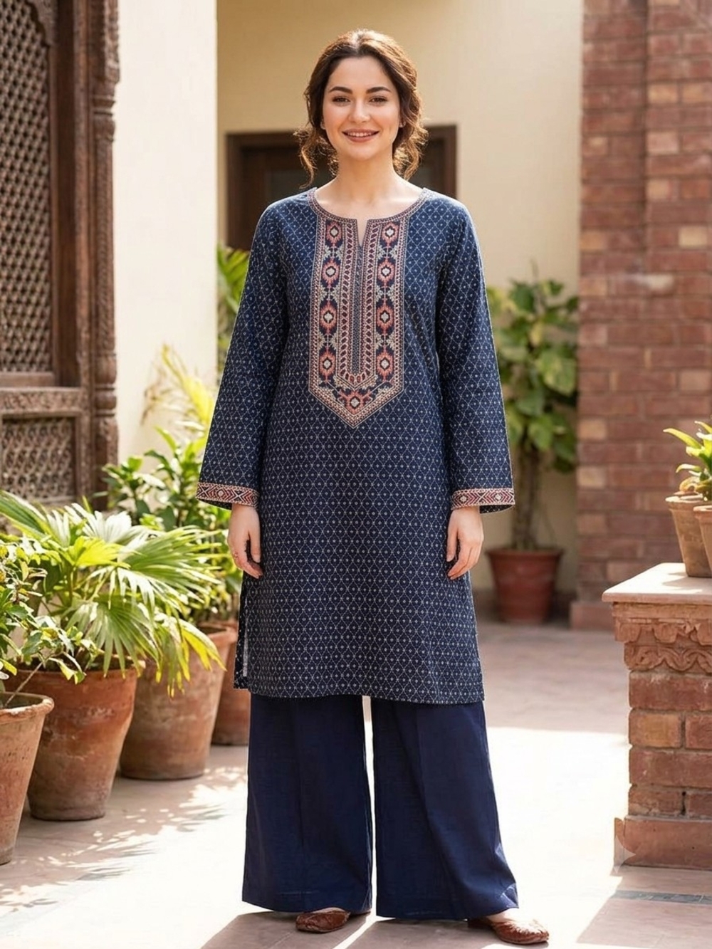SAPPHIRE Embroidered Navy Blue Women's Kurta Top - M